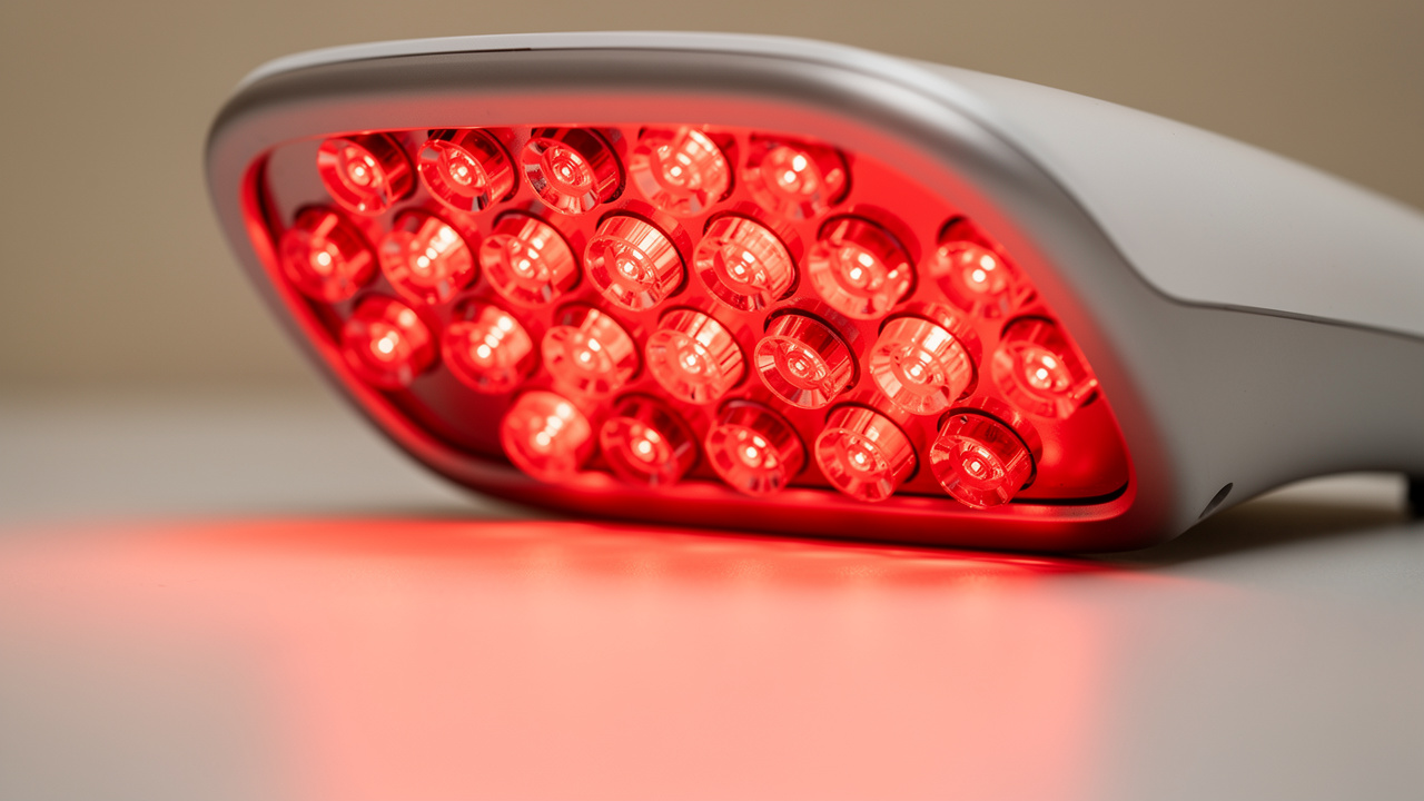Близък план на накрайник за LED терапия, излъчващ червена светлина.