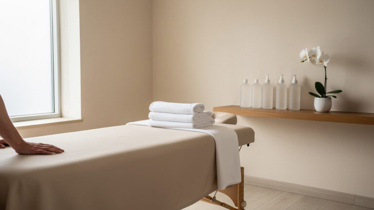 Луксозна и спокойна SPA стая за процедури с масажно легло.