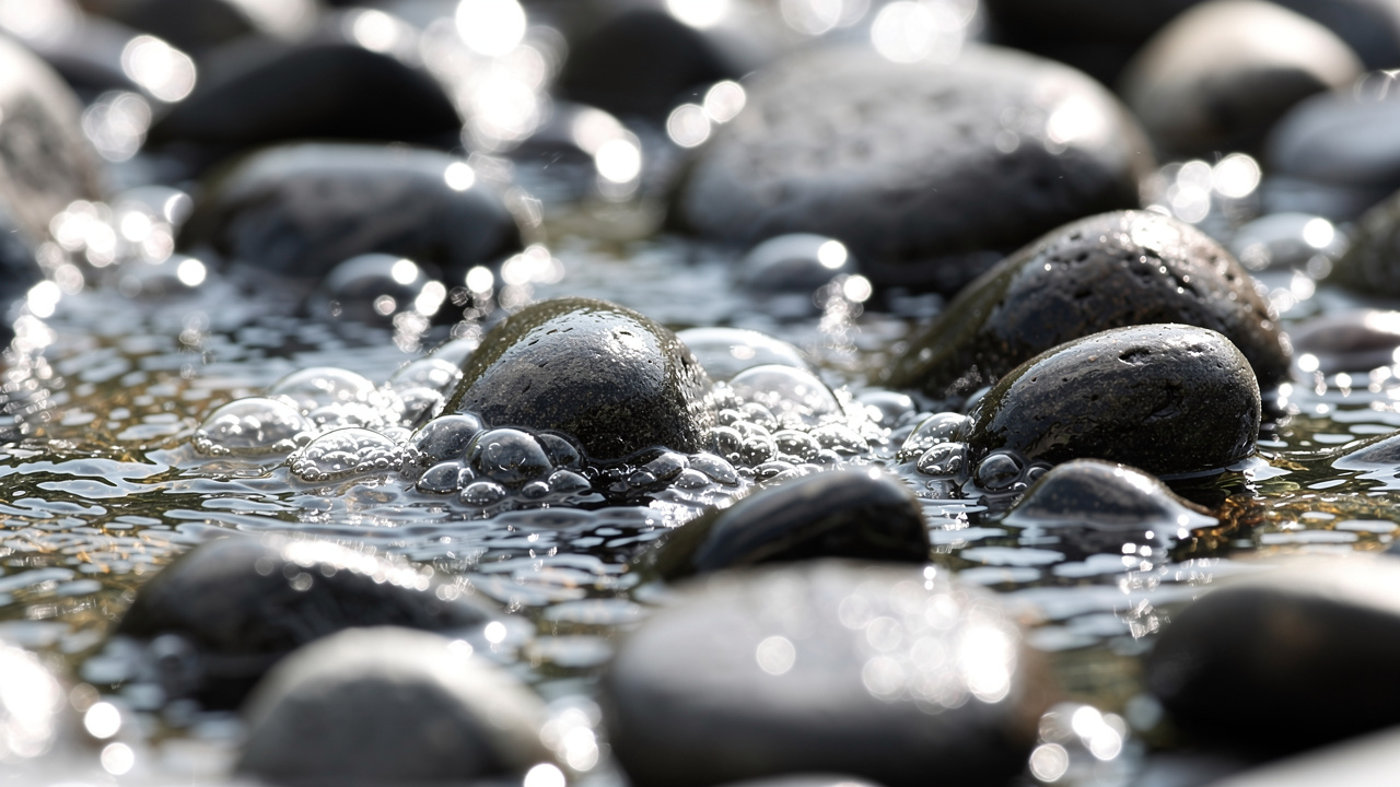 Близка снимка на чиста изворна вода, извираща между камъни.