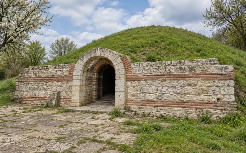 Панорамна гледка към Античната куполна гробница край Поморие