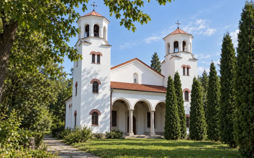 Храмът на Клисурския манастир сред зеленината на манастирската градина