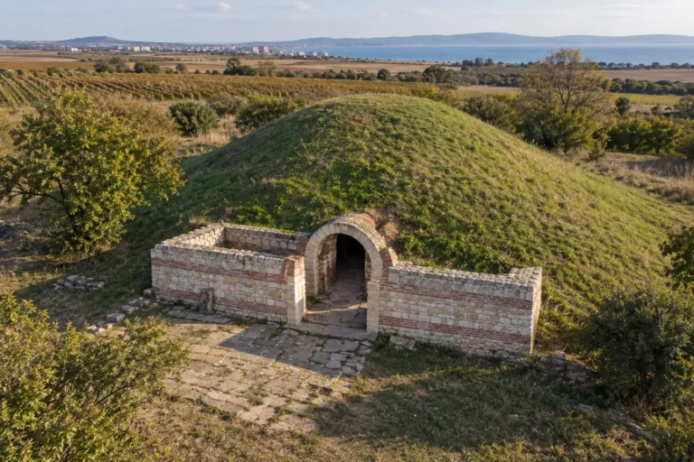 Въздушна гледка към Античната куполна гробница край Поморие