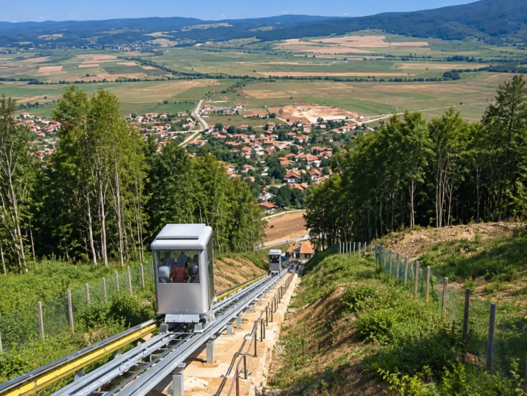 Панорамна гледка от лифта към Цари Мали град и село Белчин