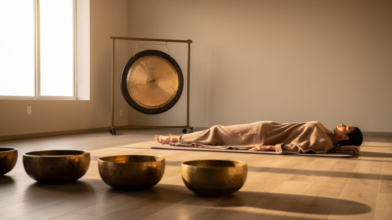 Спокойна спа зала с човек, лежащ на постелка за sound healing сесия.