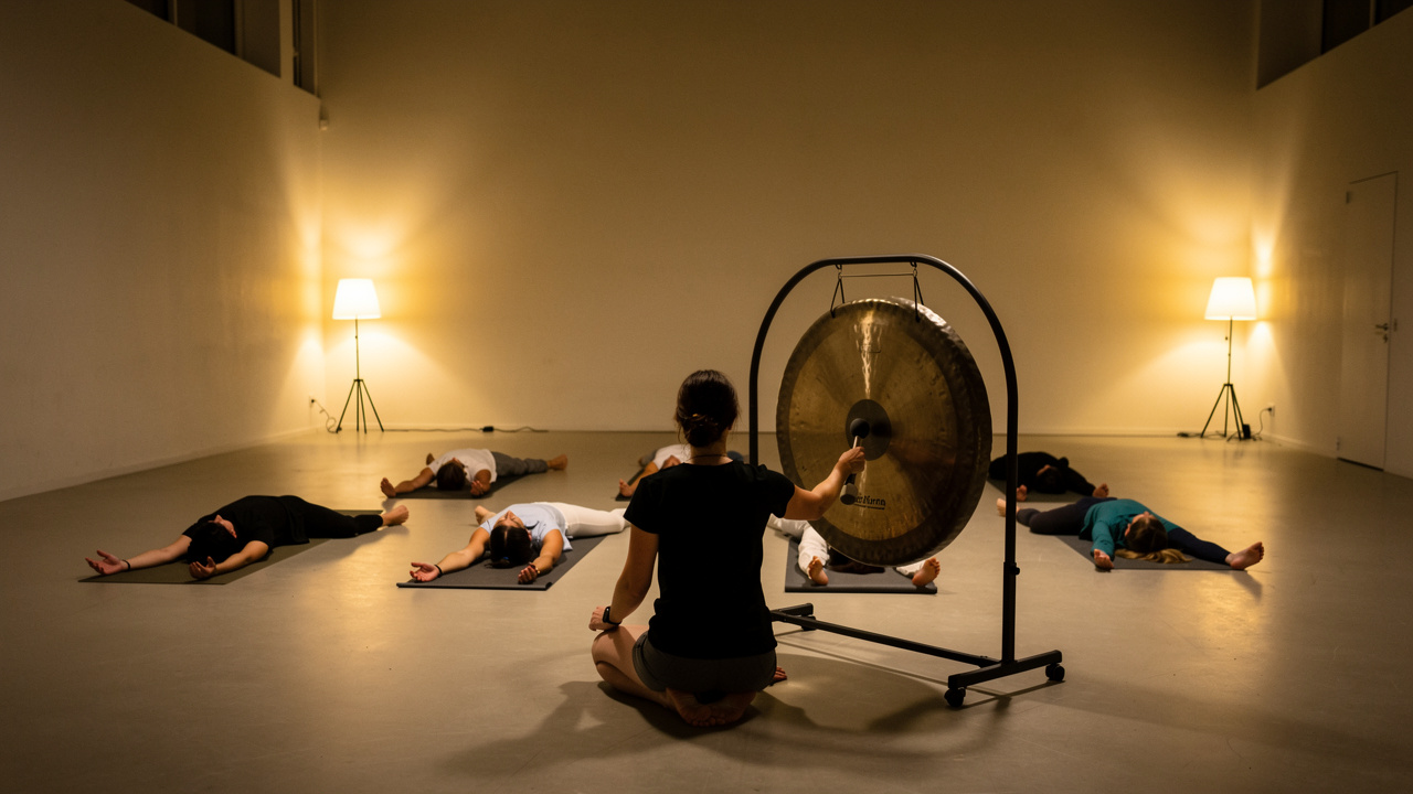 Групова sound healing сесия с гонг в приглушено осветена зала.