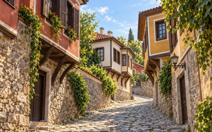 Калдъръмена улица и възрожденски къщи в Стария Пловдив