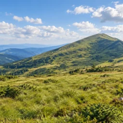 Панорамна лятна гледка към зеления връх Ком