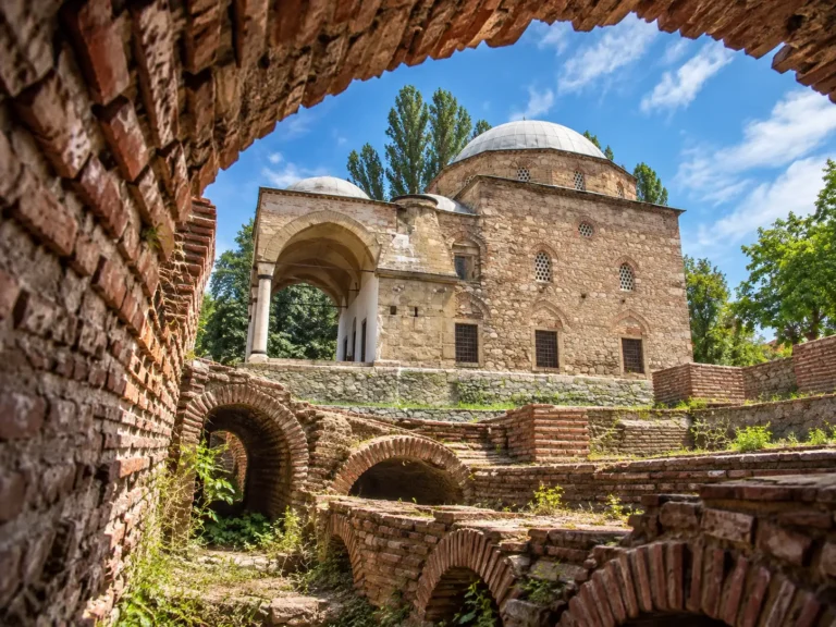 Поглед през тухлена арка към археологически останки и историческа каменна сграда с купол под синьо небе