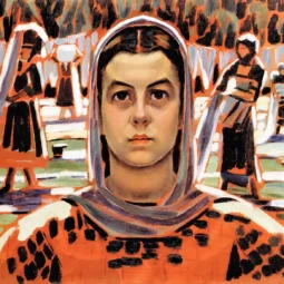 Рисуван портрет на млада жена със забрадка и оранжева дреха, с женски фигури на заден план