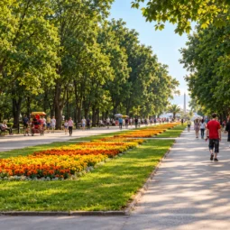 Посетители по алея в Морската градина във Варна с оранжеви и жълти цветни лехи между високи дървета.
