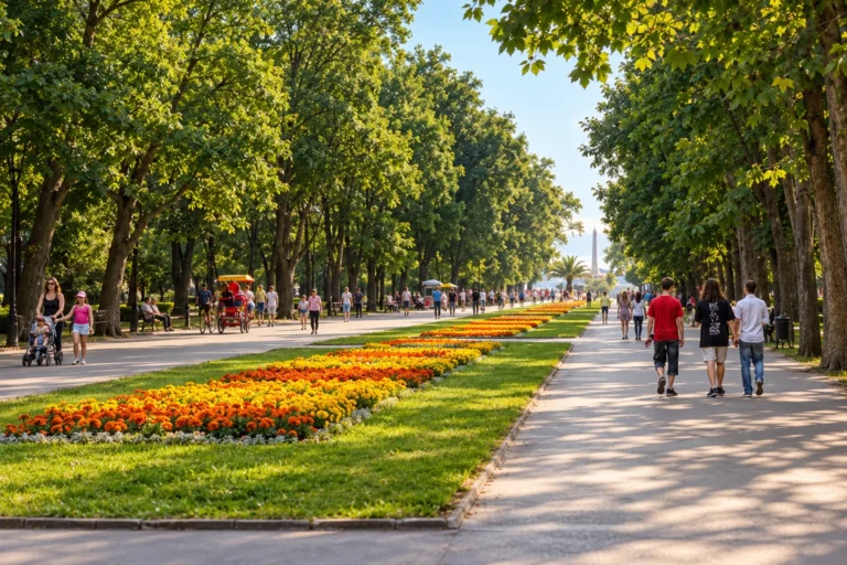 Посетители по алея в Морската градина във Варна с оранжеви и жълти цветни лехи между високи дървета.