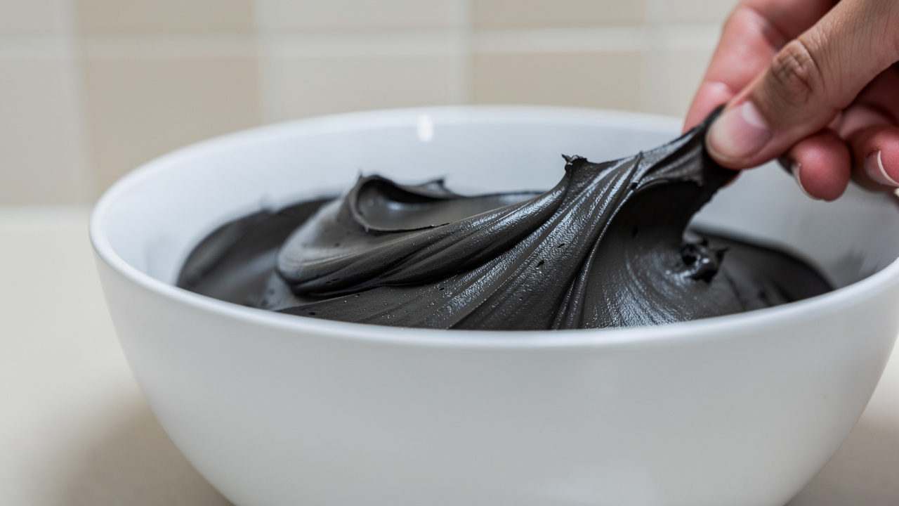 Близка снимка на лечебна кал, подготвена за процедура в бяла купа.