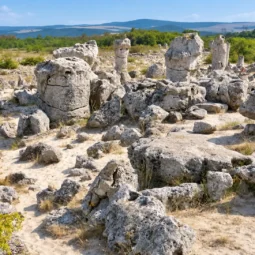 Каменни колони и скални блокове сред пясъчен терен при Побити камъни край Варна.