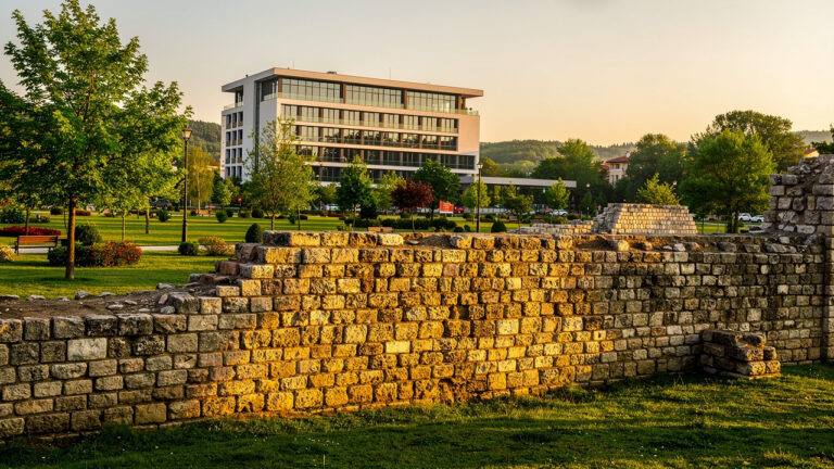 Крепостната стена на Хисаря в топлата светлина на залеза.