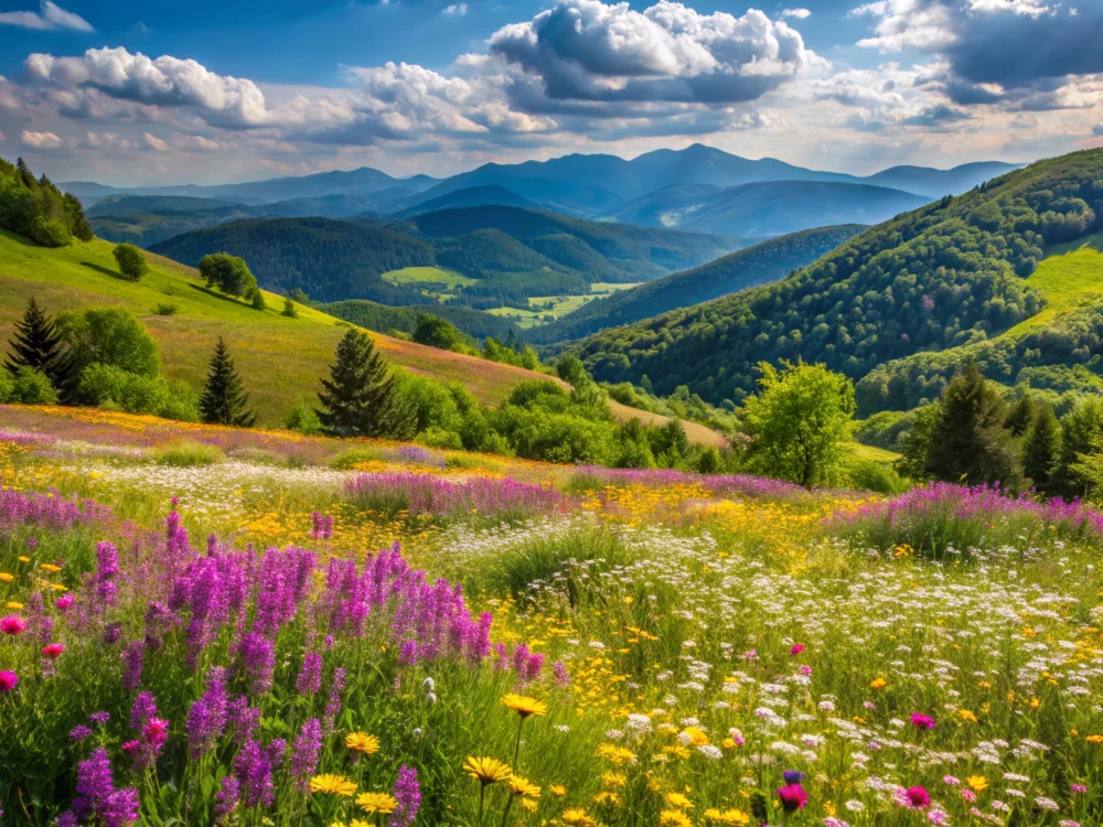 Цъфтящи планински поляни и зелени гори в Стара планина, България